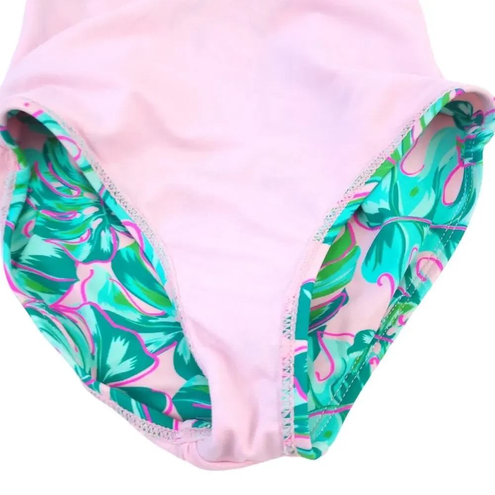 Wave Zone Kids One Piece Swimsuit XS 4/5 Tropical Floral Green Pink Preppy